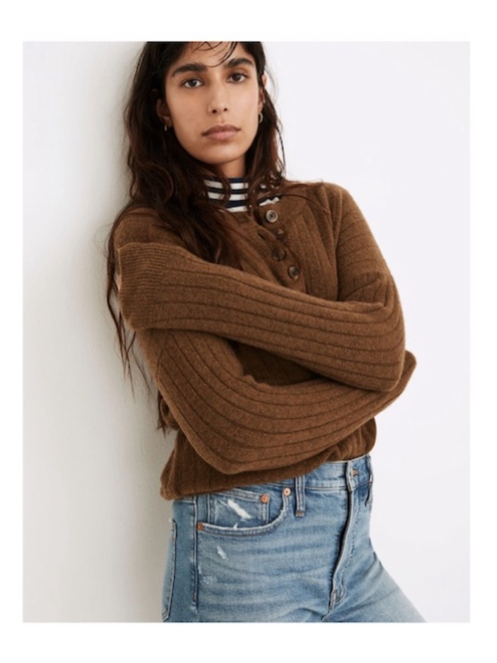 Madewell Bowden Henley Sweater in Coziest Yarn Wide Ribbed Earthy Minimalist S